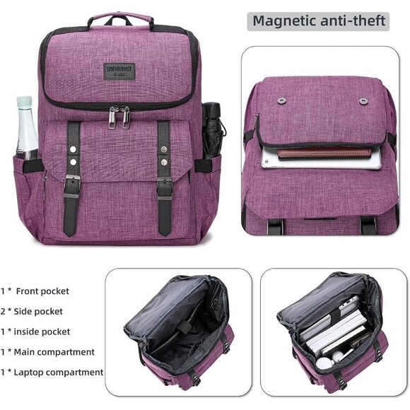 YALUNDISI Vintage Backpack Travel Purple Laptop bag with USB Charging Po… - Picture 4 of 6